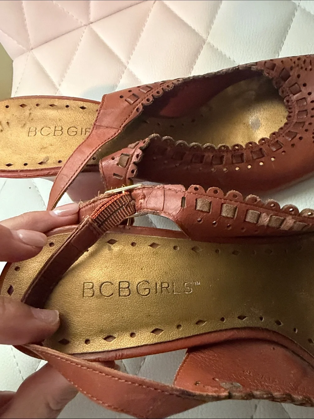 BCBGirls Brown Laser-Cut Leather Slingback Mules